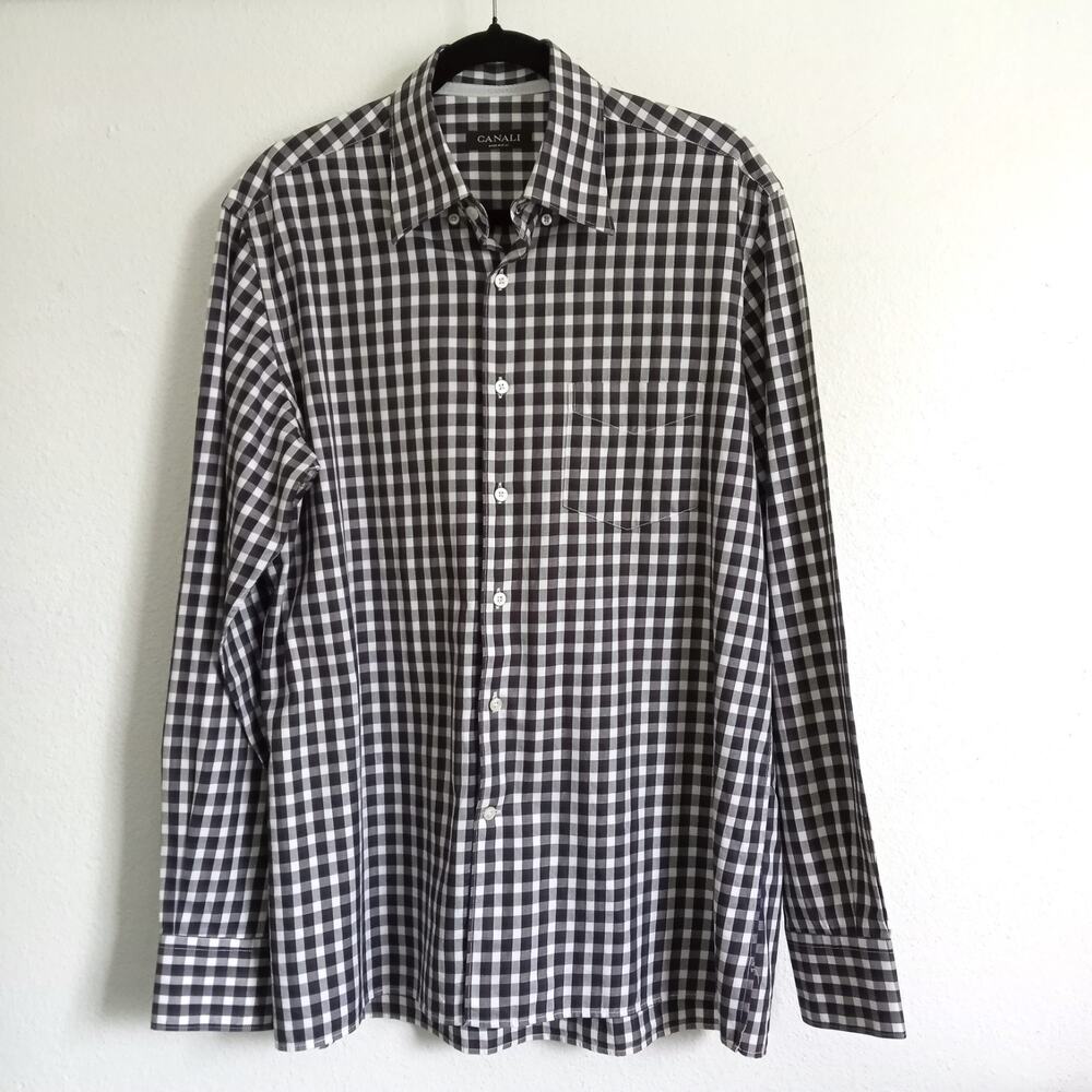 CANALI Italy Button Down Shirt Blue Brown Check SZ L Long Sleeve Collar Cuffs